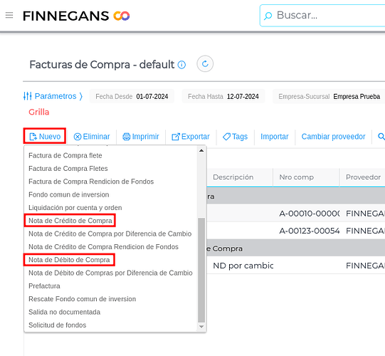 Nuevo nota de crédito de compras o nota de débito de compra