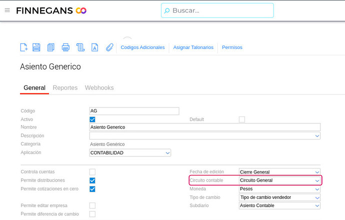 tipo de documento asiento generico con circuito contable general