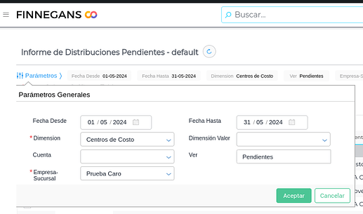 Parámetros a completar en Informe de Distribuciones Pendientes