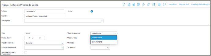 Crear Lista de Precios-Vigencia