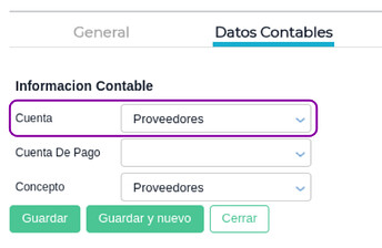 maestro de organización - pestaña datos contables, cuenta