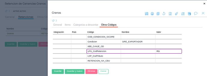 Retención de Ganancias Granos pestaña Otros códigos