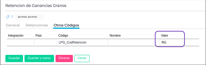 Retención de Ganancias Granos pestaña Otros códigos