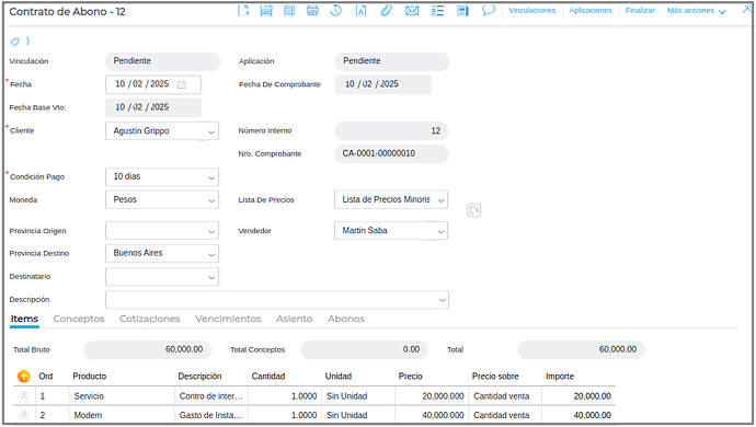contrato de abono con 2 items