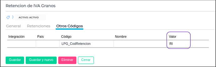 Retención de IVA Granos pestaña Otros códigos