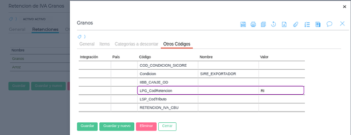 Retención de IVA Granos pestaña Otros códigos