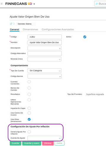 cuenta Ajuste Valor Origen Bien De Uso sin check de genera ajuste por inflación
