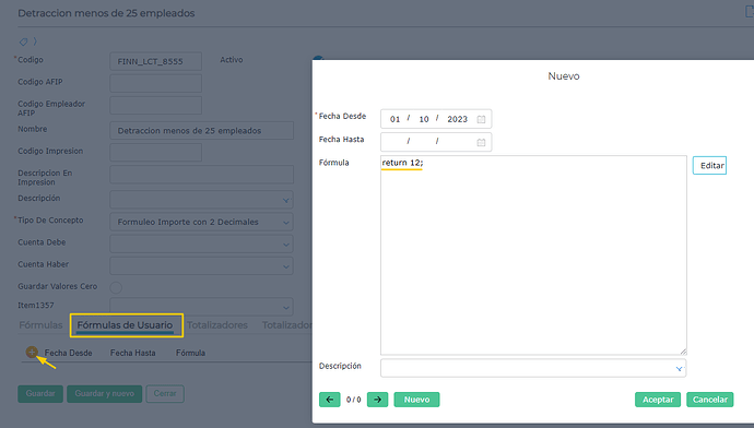 Configuración fórmula