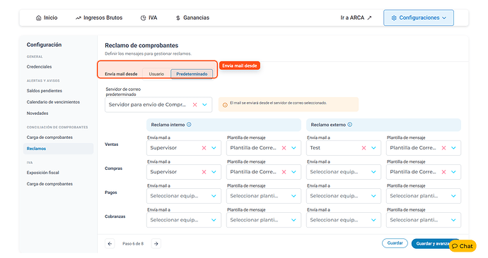 Pantalla Reclamo de comprobantes, selector Envía mail desde