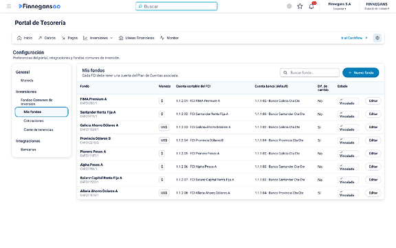 Configuración de Mis fondos: cada fondo con su cuenta contable y cuenta banco