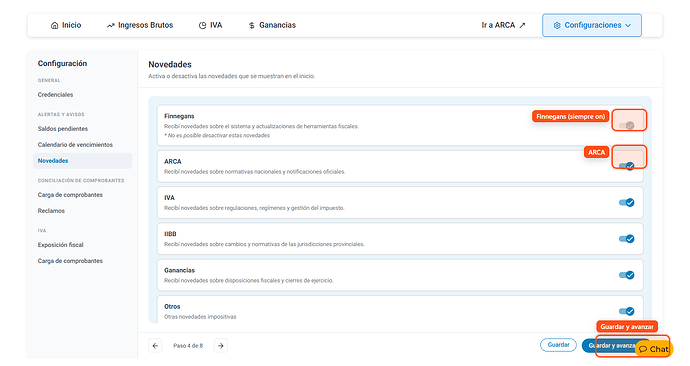 Configurar Novedades: switches por categoría