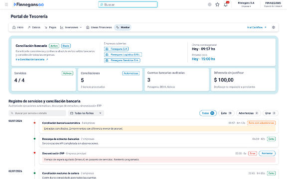 Solapa Monitor: estado de la conciliación automática y registro de ejecuciones