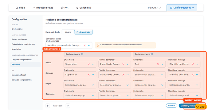Tabla Envía mail a, con áreas y bloques interno/externo