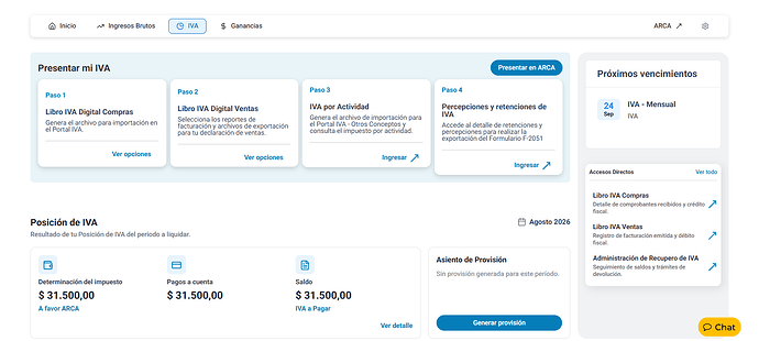 Solapa IVA: Presentar mi IVA, Posición de IVA, asiento de provisión y accesos directos