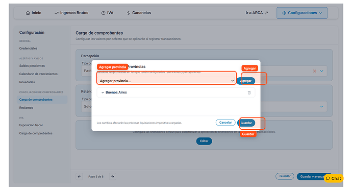 Modal Retenciones por Provincias, con Buenos Aires configurada