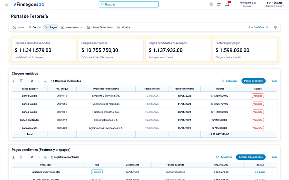 Solapa Pagos: cheques emitidos y pagos pendientes con fondeo sugerido