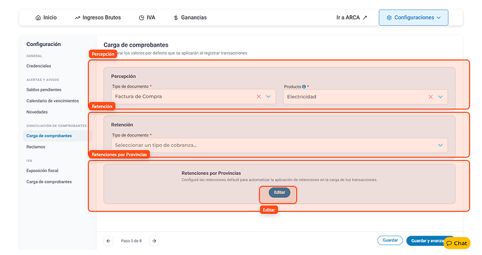 Pantalla Carga de comprobantes con los tres bloques