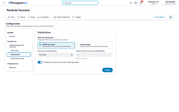 Configuración de Cotizaciones: origen del valor de cuotaparte y hora de sincronización