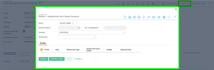 Pop up - Asignar cupos