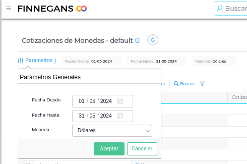 Paramétros a completar para obtener las cotizaciones de monedas